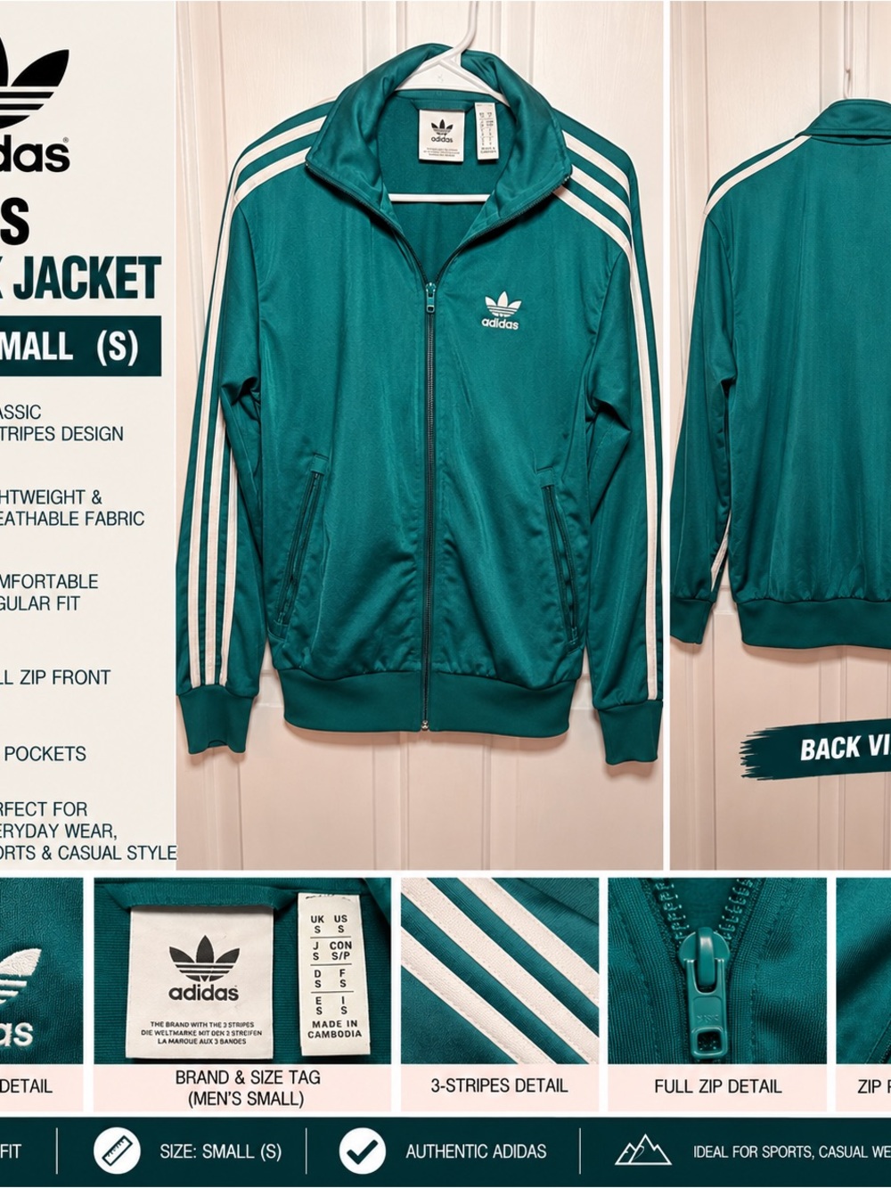 adidas Kids Teal Green Track Jacket with White 3-Stripes